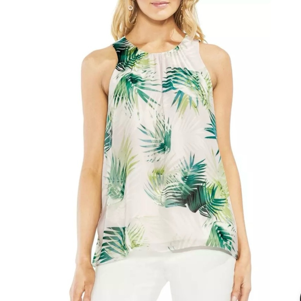 Vince Camuto Tropical Palm Leaf White and Green Chiffon Sleeveless Top Size L